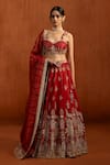 Buy_Lashkaraa_Red Viscose, Satin, Tissue Embroidery, Sequins, Zari, Peacock Motif Lehenga Set _Online_at_Aza_Fashions