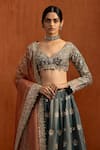 Buy_Lashkaraa_Blue Silk Embroidery, Mirrors, Zari, Sequins, Stones V-neck Lehenga Blouse Set _Online_at_Aza_Fashions