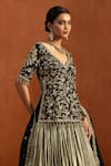 Shop_Lashkaraa_Green Lampi Embroidery, Sequins, Metallic Thread, Zari V-neck Kurta Lehenga Set _Online_at_Aza_Fashions