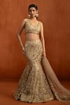 Buy_Lashkaraa_Gold Net Sequins, Embroidery, Zari, Beads, Metallic Thread Fishcut Lehenga Set _at_Aza_Fashions