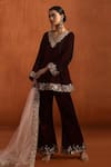 Shop_Lashkaraa_Maroon Velvet Embroidery, Zari, Metallic Thread, Sequins V-neck Kurta Pant Set _Online_at_Aza_Fashions