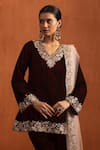 Lashkaraa_Maroon Velvet Embroidery, Zari, Metallic Thread, Sequins V-neck Kurta Pant Set _at_Aza_Fashions