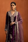 Shop_Lashkaraa_Purple Velvet Embroidery, Zari V-neck Kurta Pant Set _Online_at_Aza_Fashions