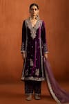 Buy_Lashkaraa_Purple Velvet Embroidery, Zari V-neck Kurta Pant Set _at_Aza_Fashions