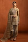 Buy_Lashkaraa_Brown Tissue Embroidery, Sequins, Stones, Zari Round Neck Kurta Salwar Set _at_Aza_Fashions