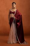Buy_Lashkaraa_Red Viscose, Velvet Sequins, Beads, Embroidery, Pre-draped Saree And Blouse Set _at_Aza_Fashions