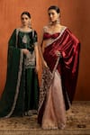 Shop_Lashkaraa_Red Viscose, Velvet Sequins, Beads, Embroidery, Pre-draped Saree And Blouse Set _Online_at_Aza_Fashions