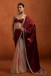 Lashkaraa_Red Viscose, Velvet Sequins, Beads, Embroidery, Pre-draped Saree And Blouse Set _at_Aza_Fashions
