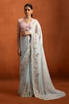 Buy_Lashkaraa_Blue Viscose, Chiffon Embroidery, Sequins, Zari Floral Pre-draped Saree Set _at_Aza_Fashions