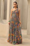 Buy_Diyarajvvir_Blue Georgette One Shoulder Abstract Floral Print Dress _at_Aza_Fashions