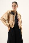 Buy_Kharakapas_Gold Velvet Collared Sandswept Bomber Jacket _Online_at_Aza_Fashions