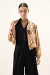 Buy_Kharakapas_Gold Velvet Collared Sandswept Bomber Jacket _at_Aza_Fashions