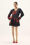 Shop_Kharakapas_Black Muslin V-neck Fleur Puff Sleeve Dress _Online_at_Aza_Fashions