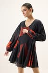 Buy_Kharakapas_Black Muslin V-neck Fleur Puff Sleeve Dress _at_Aza_Fashions
