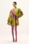 Kharakapas_Green Muslin V-neck Zest Floral Print Dress _at_Aza_Fashions