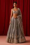Buy_Lashkaraa_Grey Tissue Embroidery, Sequins, Zari Sweetheart Neck Lehenga Set _at_Aza_Fashions