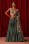 Buy_Lashkaraa_Green Satin Sequins, Zari, Embroidery Sweetheart Neck Blouse Lehenga Set _at_Aza_Fashions