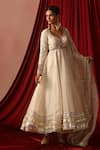 Buy_Lashkaraa_White Silk Sequins, Zari, Embroidery V-neck Anarkali Set _Online_at_Aza_Fashions