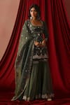 Buy_Lashkaraa_Green Tissue Embroidery, Sequins, Zari Square Neck Floral Kurta Gharara Set _Online_at_Aza_Fashions