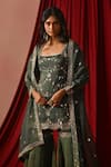 Shop_Lashkaraa_Green Tissue Embroidery, Sequins, Zari Square Neck Floral Kurta Gharara Set _Online_at_Aza_Fashions