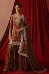 Buy_Lashkaraa_Brown Tissue Embroidery, Sequins, Zari Round Neck Floral Kurta Gharara Set _at_Aza_Fashions