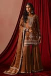Buy_Lashkaraa_Brown Satin Embroidery, Beads, Sequins, Zari Round Straight Kurta Gharara Set _at_Aza_Fashions