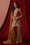 Buy_Lashkaraa_Brown Satin Embroidery, Beads, Sequins, Zari Round Straight Kurta Gharara Set _Online_at_Aza_Fashions