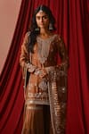 Shop_Lashkaraa_Brown Satin Embroidery, Beads, Sequins, Zari Round Straight Kurta Gharara Set _Online_at_Aza_Fashions