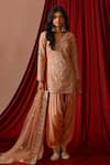 Buy_Lashkaraa_Peach Silk Embroidery, Sequins, Zari V-neck Floral Punjabi Kurta Suit Set _at_Aza_Fashions