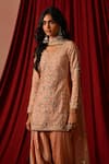Shop_Lashkaraa_Peach Silk Embroidery, Sequins, Zari V-neck Floral Punjabi Kurta Suit Set _Online_at_Aza_Fashions