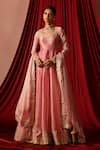 Buy_Lashkaraa_Pink Satin Sequins, Zari, Embroidery Square , Scoop Anarkali Set _at_Aza_Fashions