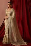 Lashkaraa_Cream Tissue Sequins, Zari, Embroidery Sweetheart Neck Saree With Blouse _Online_at_Aza_Fashions
