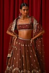 Buy_Lashkaraa_Brown Tissue Sequins, Zari, Embroidery Square Neck Lehenga Set _Online_at_Aza_Fashions