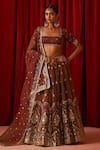 Buy_Lashkaraa_Brown Tissue Sequins, Zari, Embroidery Square Neck Lehenga Set _at_Aza_Fashions