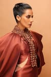 Buy_Pankaj & Nidhi_Rust Twill Beads High , Round Araquis Sculpted Oasis Cape With Dress _Online_at_Aza_Fashions