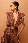 Shop_Pankaj & Nidhi_Rust Satin Sequins V-neck Araquis Copper Glaze Jacket And Palazzo Set _Online_at_Aza_Fashions