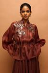 Buy_Pankaj & Nidhi_Brown Silk Organza, Crepe Applique, Fringe Araquis Burnished Jacket And Skirt Set _Online_at_Aza_Fashions