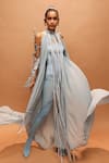 Buy_Pankaj & Nidhi_Blue Tulle, Silk, Georgette Fringe Halter , High Araquis Icelume Dress _Online_at_Aza_Fashions