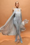 Pankaj & Nidhi_Blue Tulle, Silk, Georgette Fringe Halter , High Araquis Icelume Dress _at_Aza_Fashions