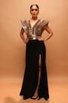 Buy_Pankaj & Nidhi_Gold Crepe Araquis Requiem Harness And Slit Skirt Set _at_Aza_Fashions