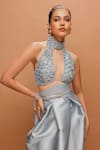 Pankaj & Nidhi_Sky Blue Twill Araquis Azure Eclipse Harness And Skirt Set _Online_at_Aza_Fashions