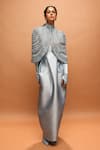Buy_Pankaj & Nidhi_Blue Twill High Neck Araquis Astral Frost Cape And Skirt Set _at_Aza_Fashions