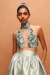 Shop_Pankaj & Nidhi_Green Tulle, Twill Beads, Araquis Seafoam Whisper Harness Top And Skirt Set _at_Aza_Fashions