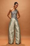Buy_Pankaj & Nidhi_Grey Tulle, Twill Metallic Thread Araquis Dew Cascade Harness Top And Pant Set _at_Aza_Fashions