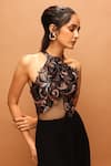 Pankaj & Nidhi_Black Tulle, Crepe Sequins, Embroidery, Cut Work Halter Araquis Noir Aurum Dress _Online_at_Aza_Fashions