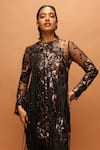 Shop_Pankaj & Nidhi_Black Tulle, Satin Sequins, Fringe, Embroidery Round Neck Araquis Corvus Dress _at_Aza_Fashions