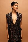 Shop_Pankaj & Nidhi_Black Tulle Sequins V-neck Araquis Meteor Shower Jacket _at_Aza_Fashions