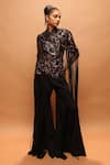 Shop_Pankaj & Nidhi_Black Wool High Neck Araquis Embroidered Cape Pant Set _at_Aza_Fashions