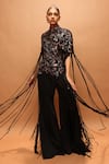 Buy_Pankaj & Nidhi_Black Wool High Neck Araquis Embroidered Cape Pant Set _at_Aza_Fashions