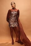 Pankaj & Nidhi_Brown Tulle, Crepe Applique, Sequins High Neck Araquis Cinnamon Haze Dress _Online_at_Aza_Fashions